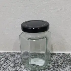 ml hexagon glass honey jar with black lid 8.1x5.1x