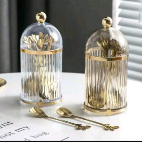 acrylic container with 5 gold fruit spoons 7.5x16c