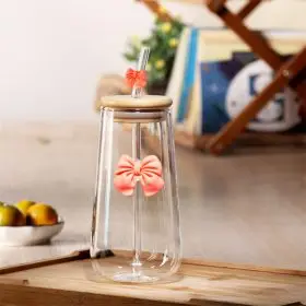 ml glass cup with straw+bamboo lid bow design ceri