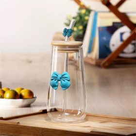 ml glass cup with straw+bamboo lid bow design teal