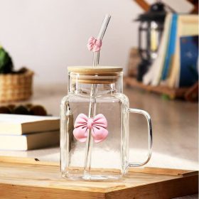 ml glass cup with straw+bamboo lid+handle bow desi