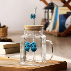 ml glass cup with straw+bamboo lid+handle bow desi