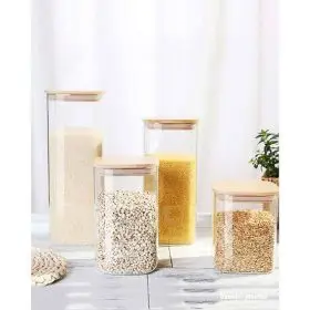 airtight square glass jar bamboo lid 240ml 8x6cm
