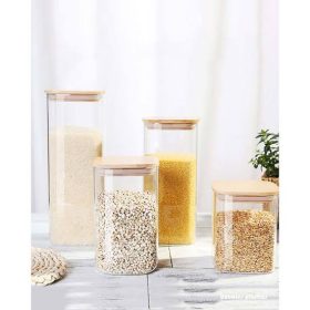 airtight square glass jar bamboo lid 370ml 12x6cm