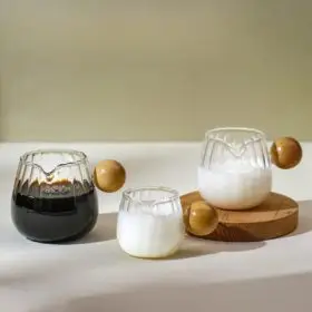 glass pouring cup with wooden knob handle 50ml