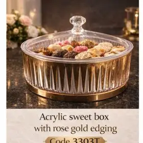 acrylic sweet box round gold edging 20.5x20.5x15cm