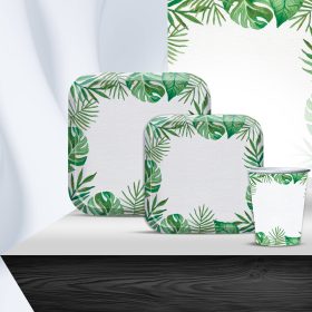 20 Disposable Big Plates,Side Plates&Cups Tropical Leaf Bord