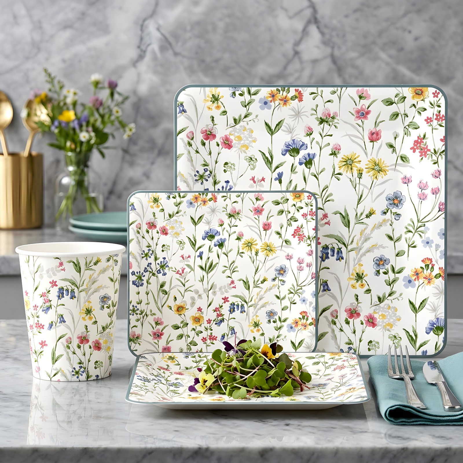 20 Disposable Big Plates,Side Plates&Cups Dainty Floral