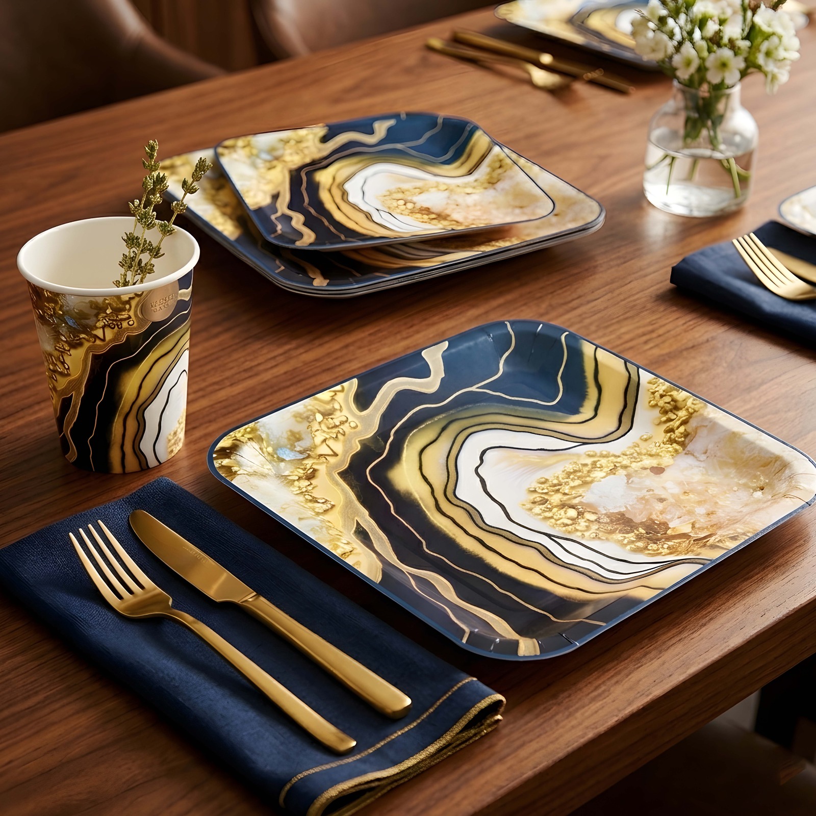 20 Disposable Big Plates,Side Plates&Cups Gold Geode