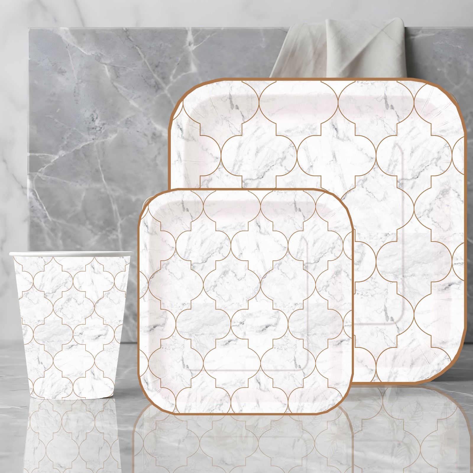 20 Disposable Big Plates,Side Plates&Cups Marble Trellis