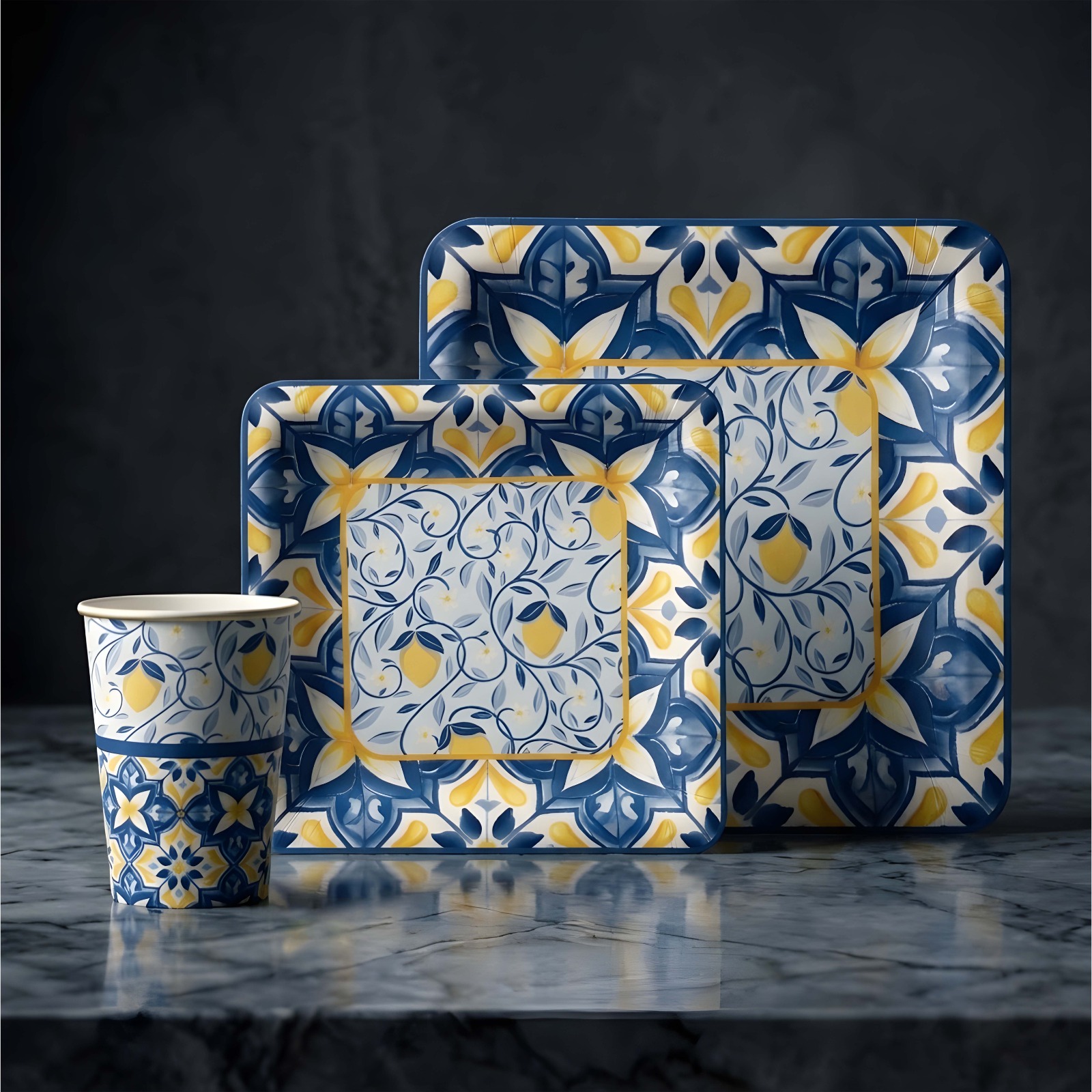 20 Disposable Big Plates,Side Plates&Cups Mediteranean Lemon