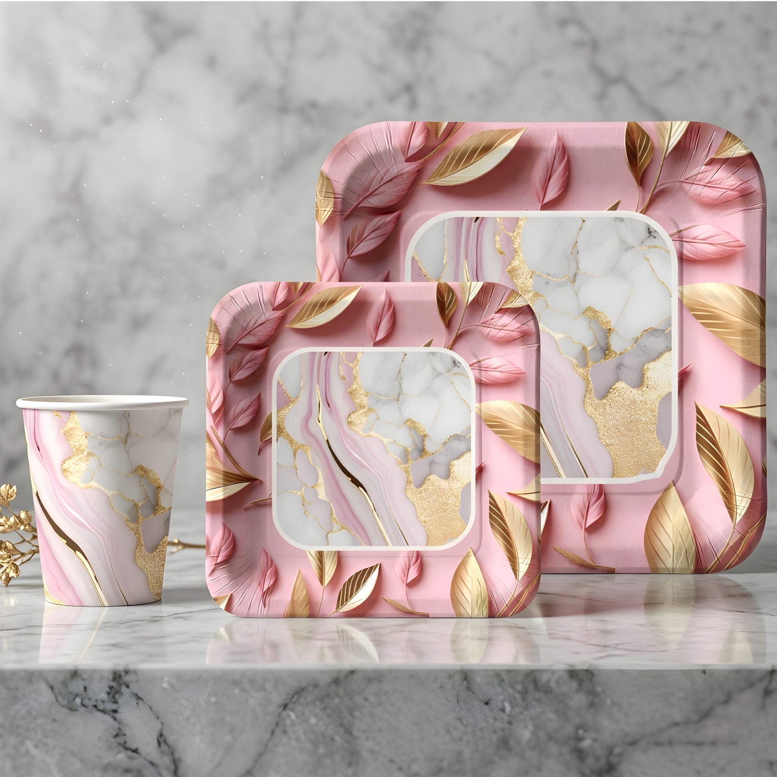 Pink Gold Leaves Disposable Party Set
