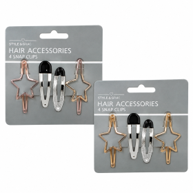 4pc Snap Hair Clips Assorted Cols 2 Plain 2 Shaped