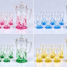 Acrylic Jug with 6 Cups Assorted Colour Bottoms 26.8x13x29cm